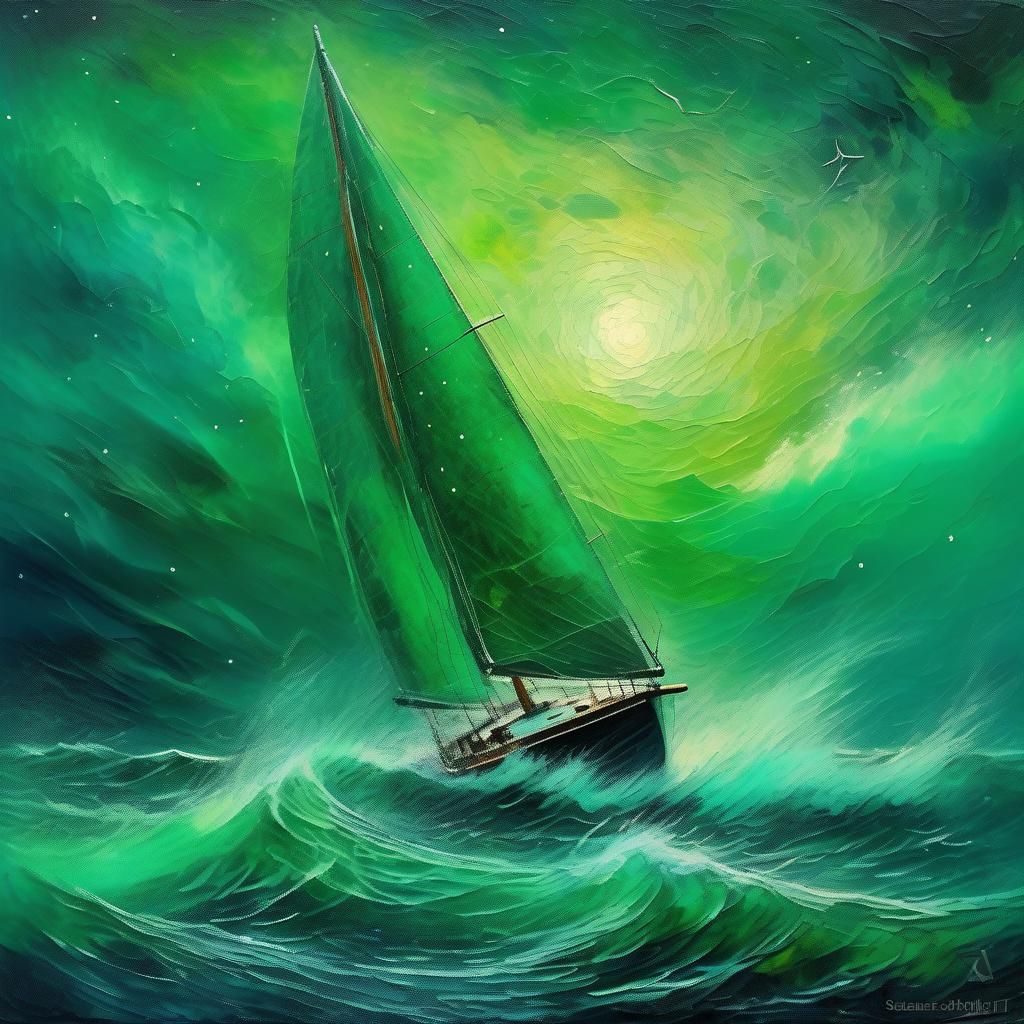 Green Sailboat Navigating Stormy Seas as Oil Painting