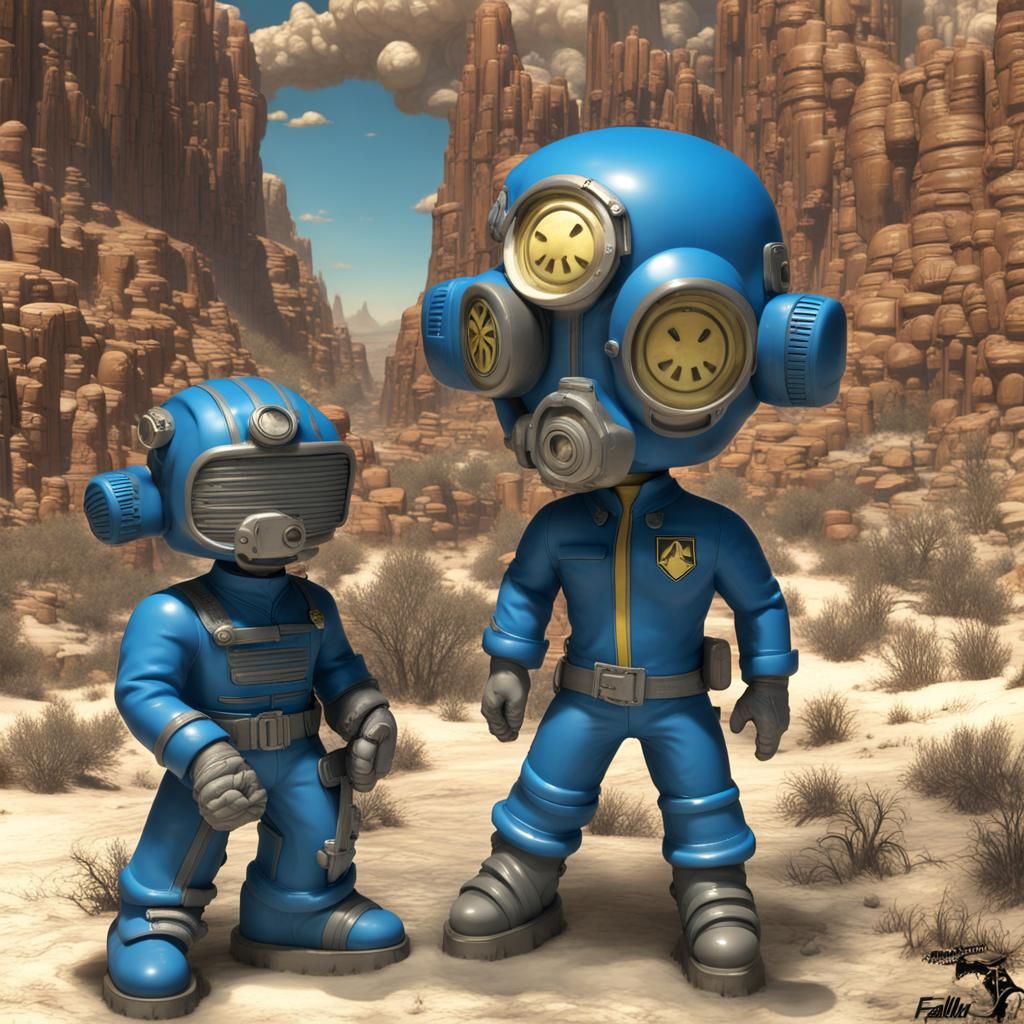 Fallout Bobblehead Figures in Retrofuturistic Landscape