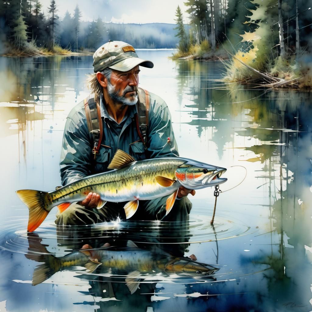 Fisherman's Muskie: Detailed Watercolor Painting