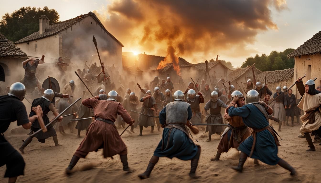 Medieval Village Attack at Sunset: Realistic Cinematic Detai...