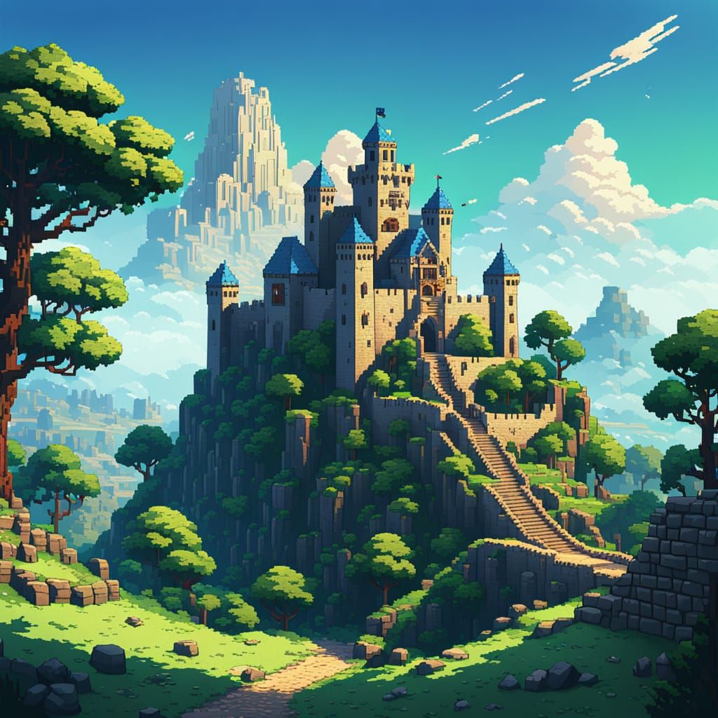 Pixel Art Citadel on Hill in 8-Bit Style