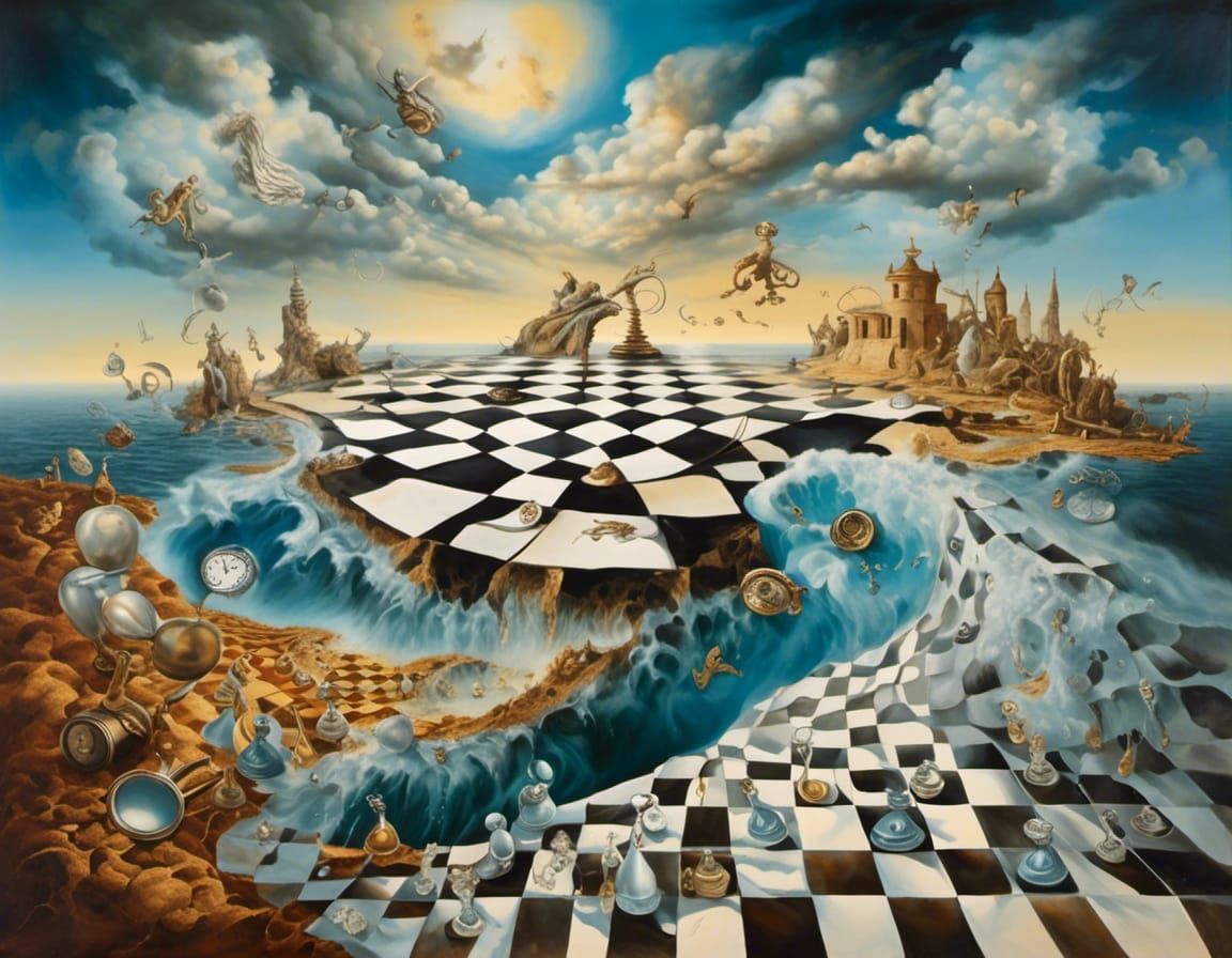 Surreal Landscape with Melting Chessboard in Dali Style