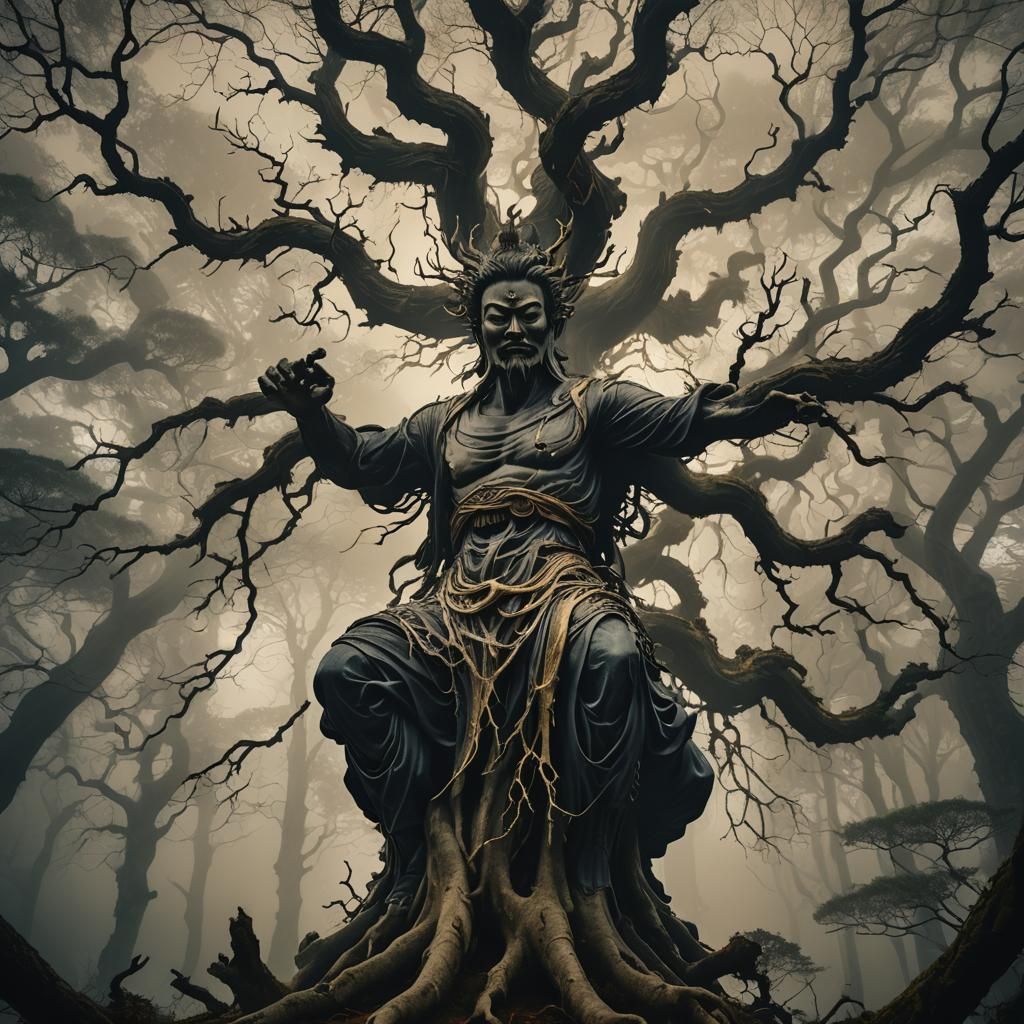 Eerie Japanese God in Mystical Forest: Digital Art