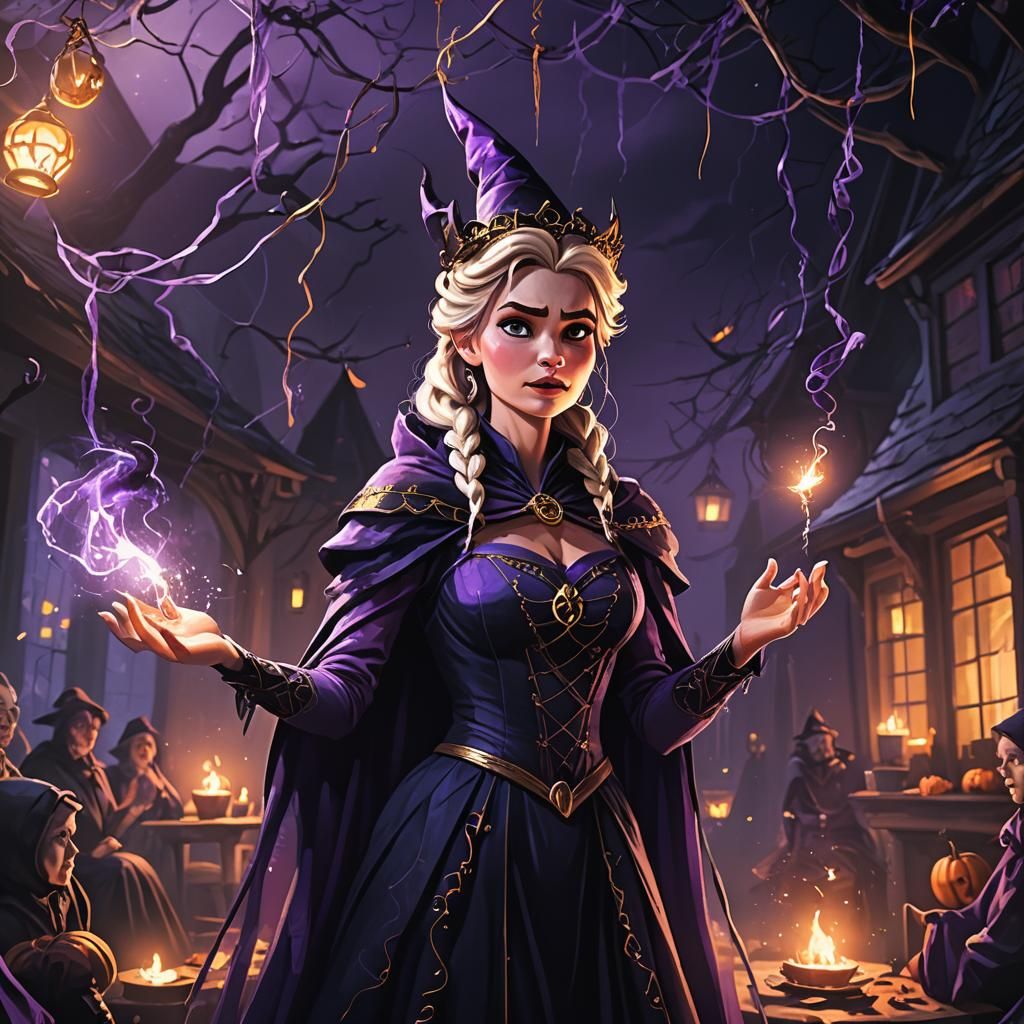 Elsa as Witch Casting Spell in Dark Fantasy Style