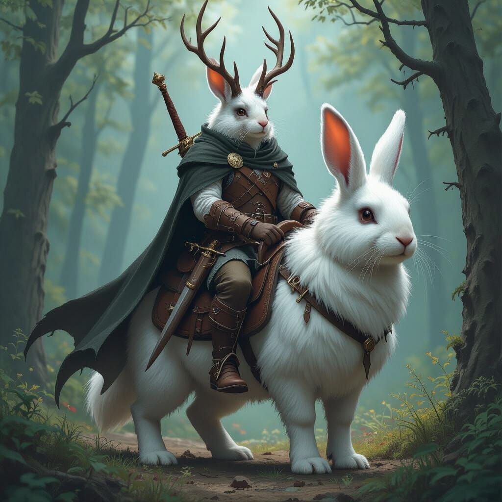 Harengon Warrior on Giant Rabbit in Dark Forest