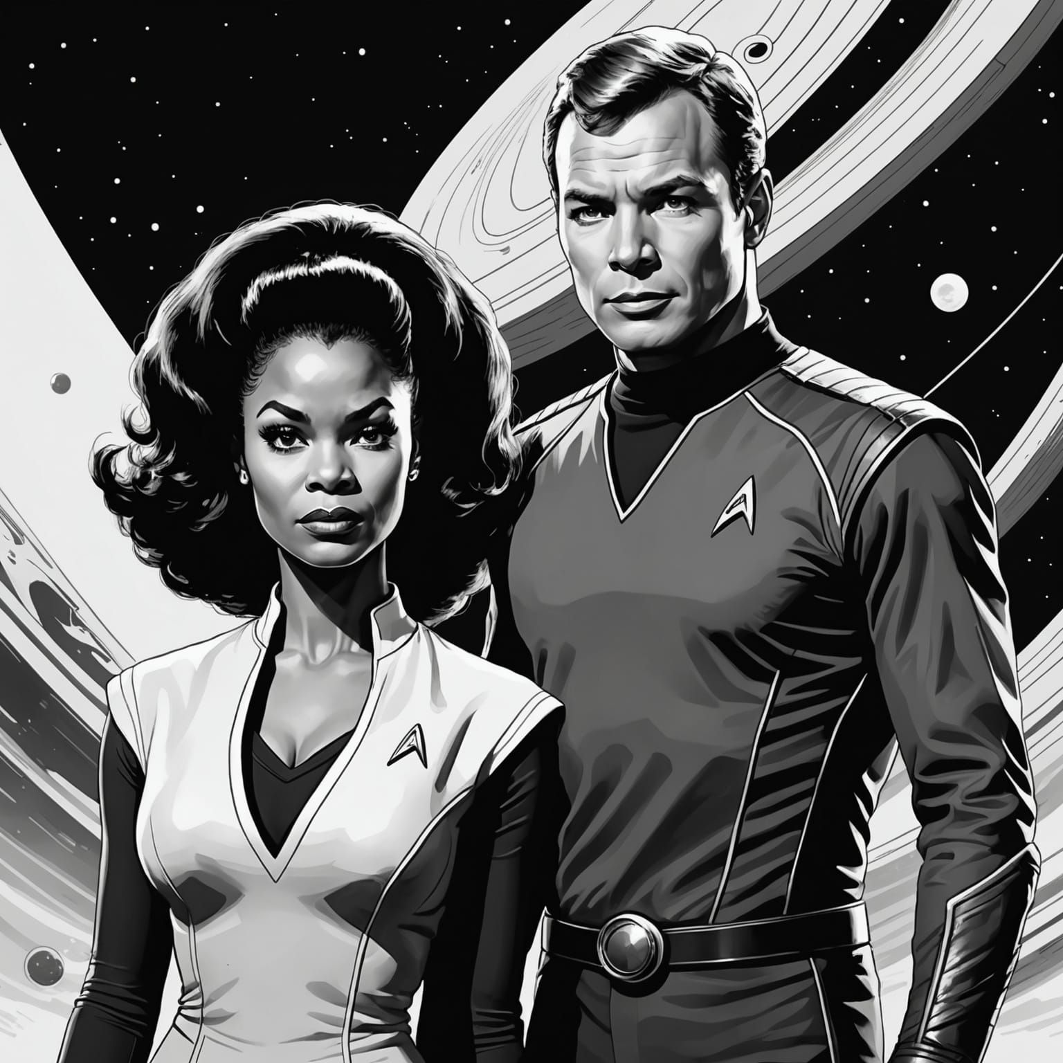 Star Trek Kirk and Uhura: Monochrome Ink Drawing