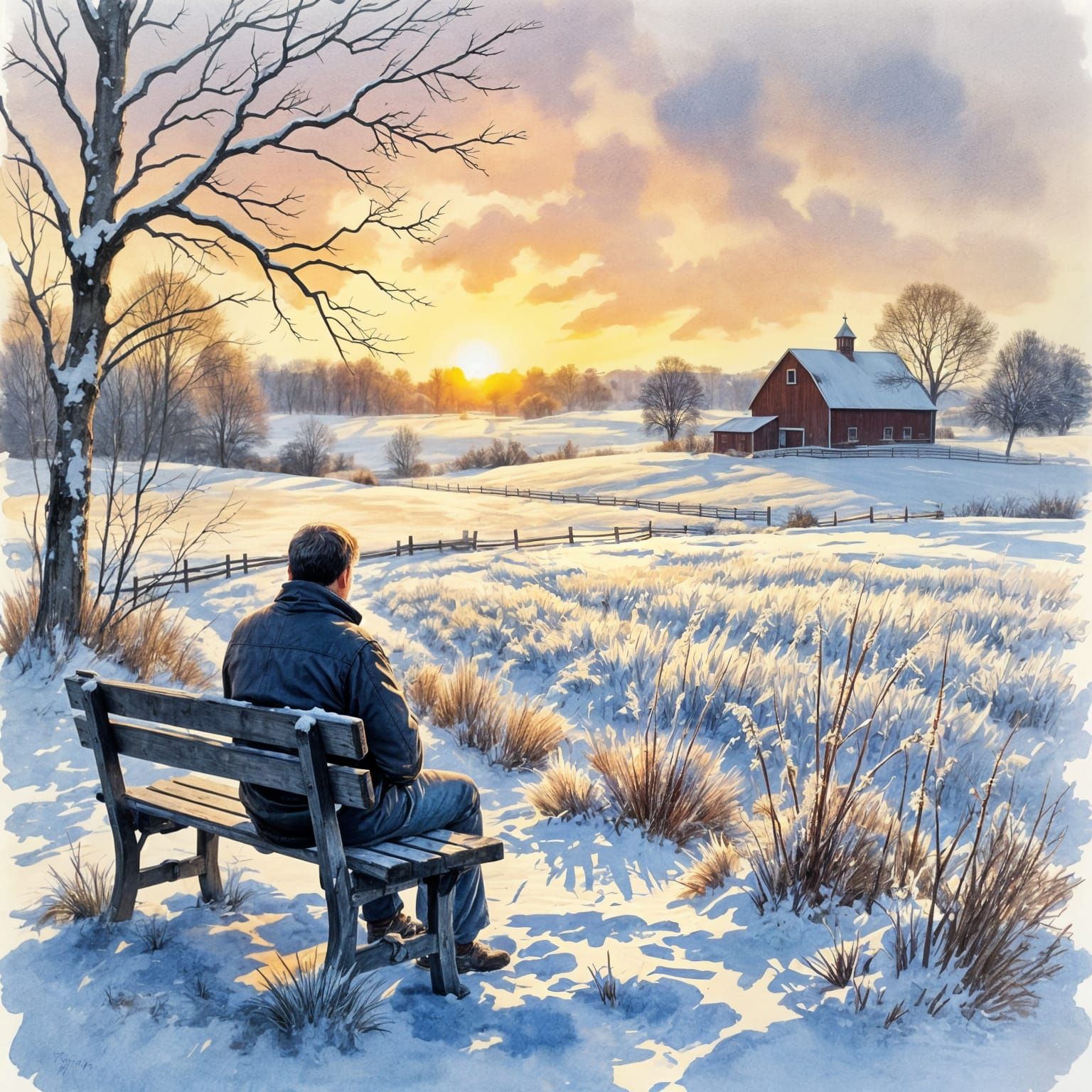 Man on Bench Overlooking Frosty Fields at Golden Hour