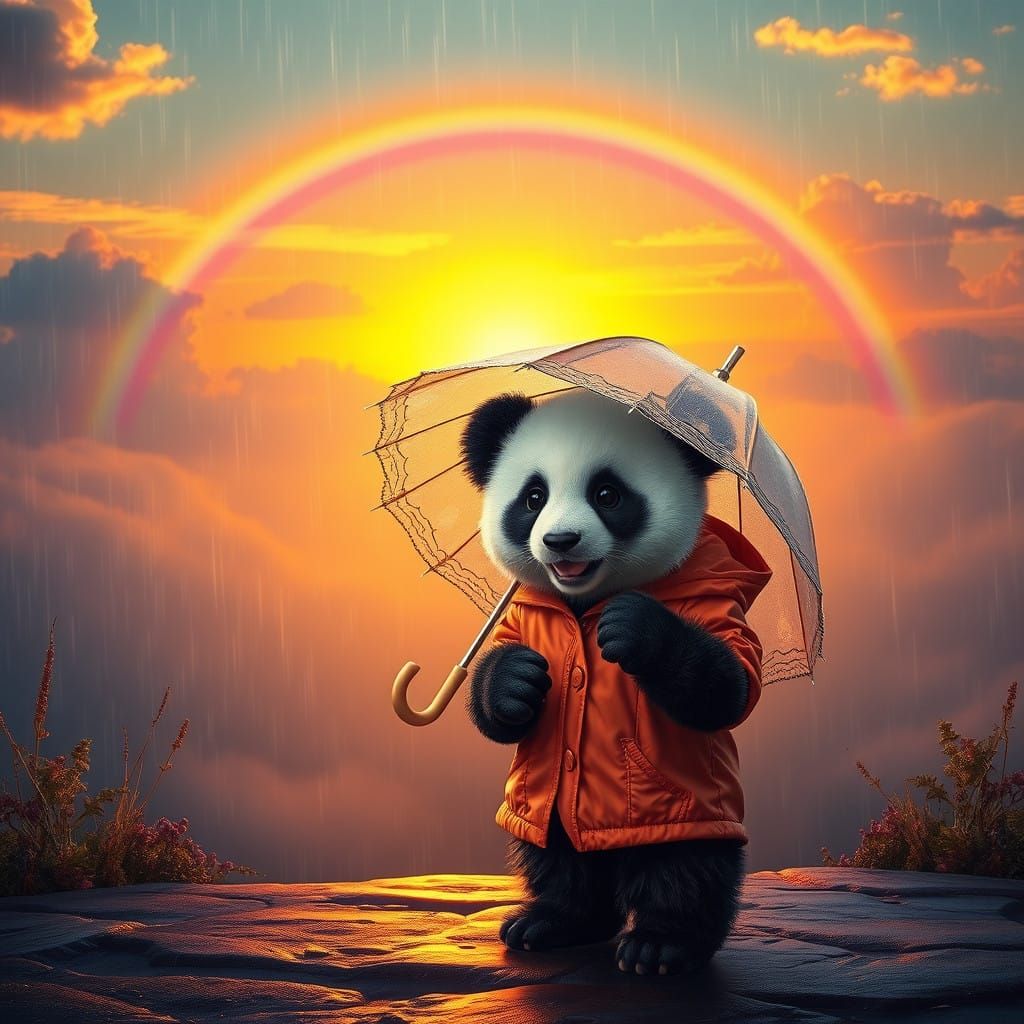 Fantastical Sunset with Baby Panda Under Rainbow