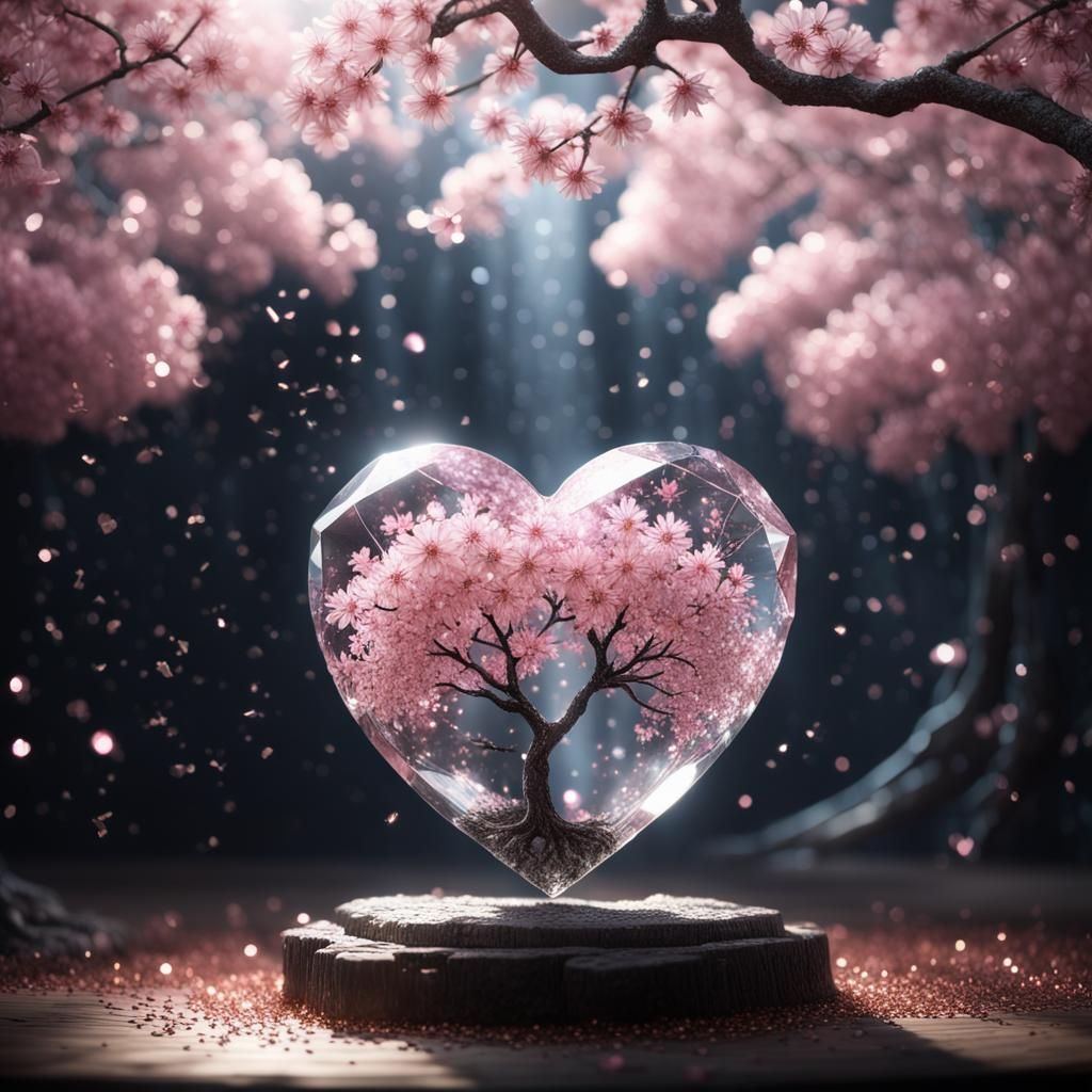 Crystal Heart with Sakura Tree: Photorealistic CGI