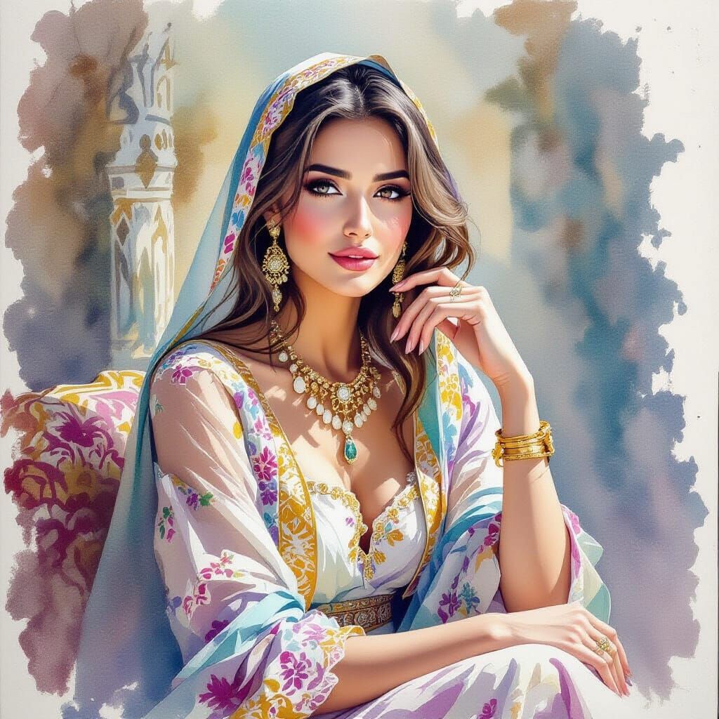 Realistic Watercolor Portrait of a Sultaness in Palace