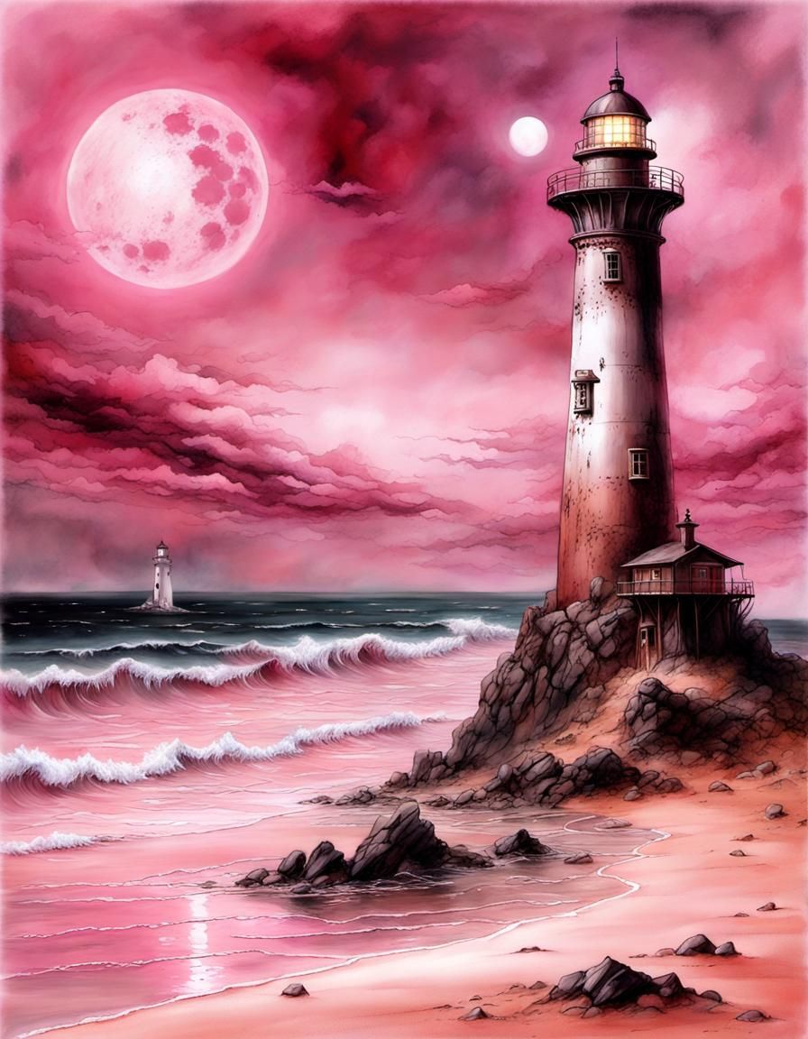 Pink Sand Beach with Giant Lighthouse in Fantasy Style