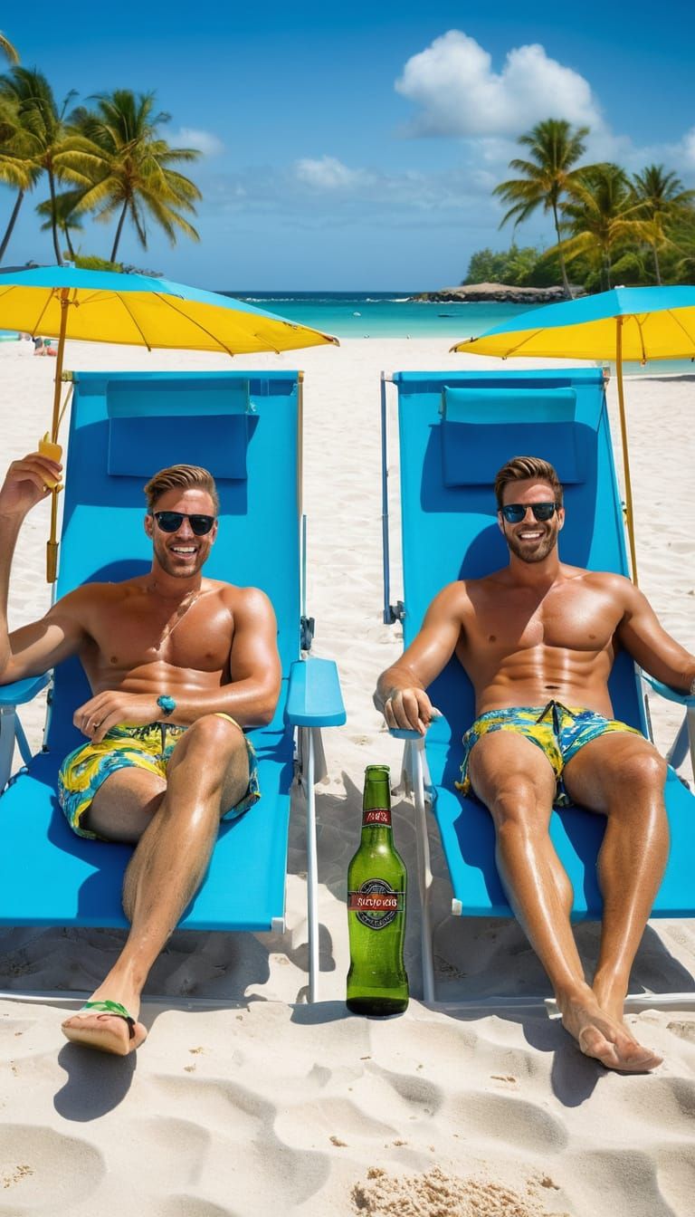 Two Men Relax on a Beach in Vibrant Hawaiian Print