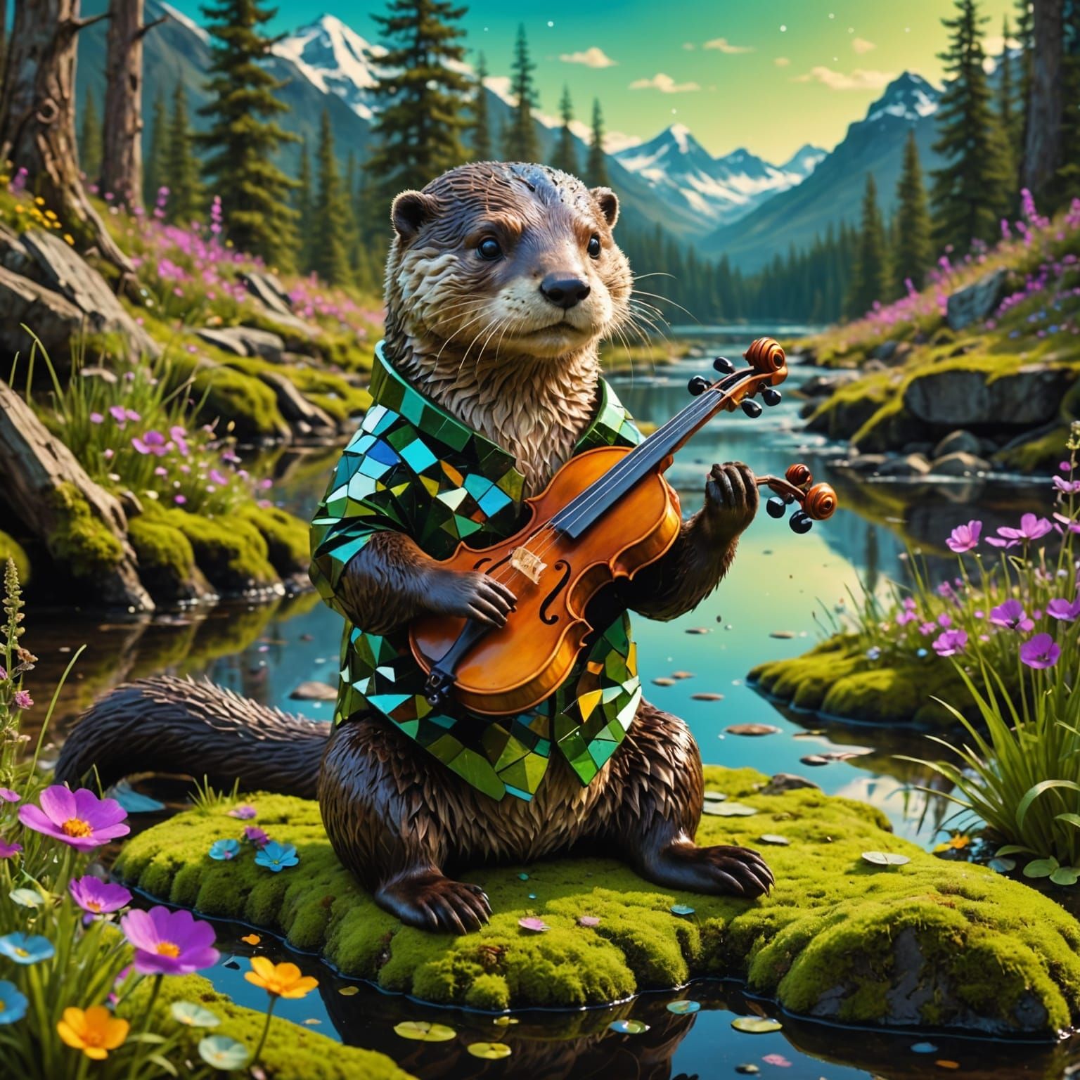 Otter Playing Violin in Glitch Art Portal Landscape
