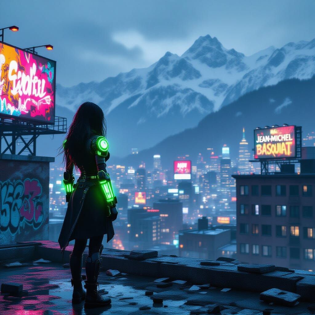 Cybernetic Woman On Rooftop Overlooking Neon City