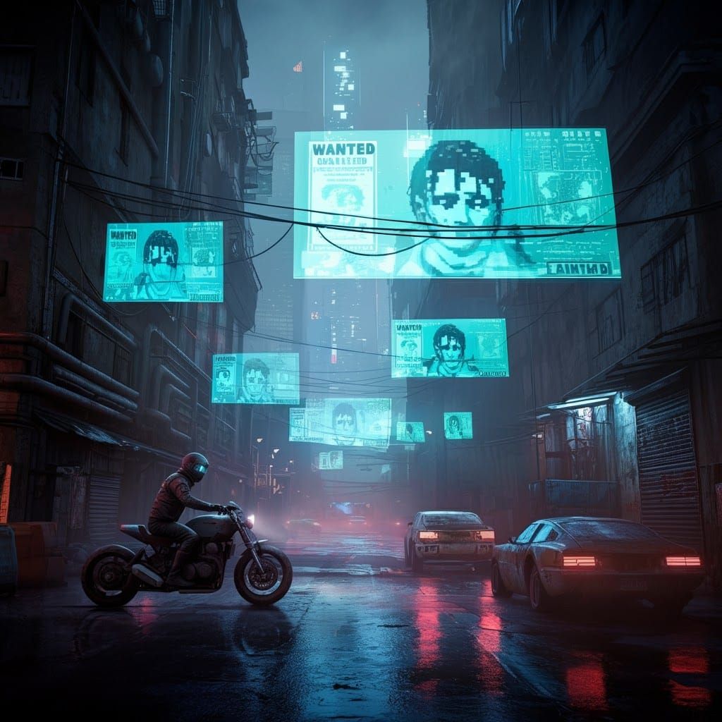 Flickering Semitransparent Holographic billboards, including government propaganda and criminal wanted posters, in a fut...