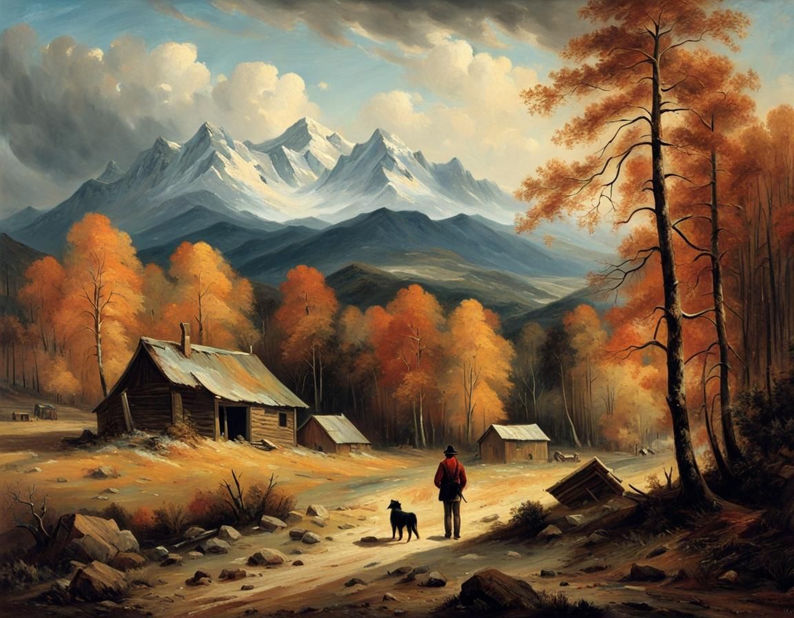 Winter Landscape with Man and Dog in Romantic Style