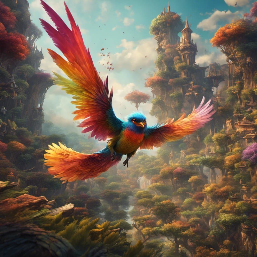 Colorful Bird Flies Through Fantasy Valley