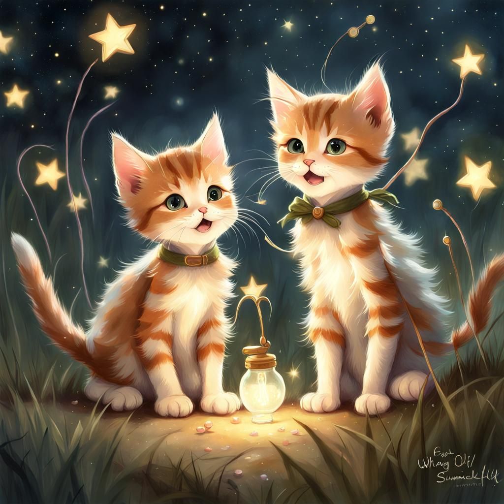 Kittens Playing with Fireflies in Whimsical Fantasy Style