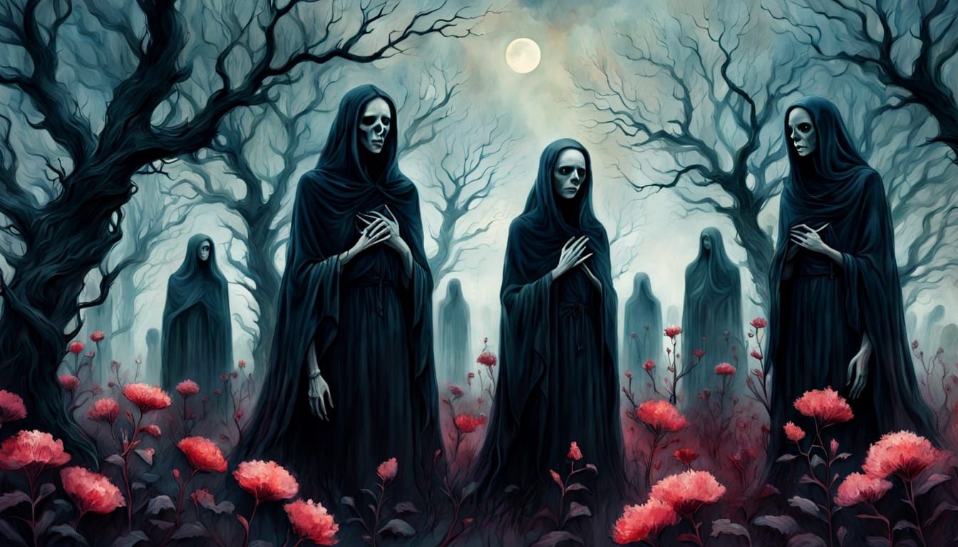 Ethereal Gothic Figures Amid Crimson Blooms and Twisted Tree...
