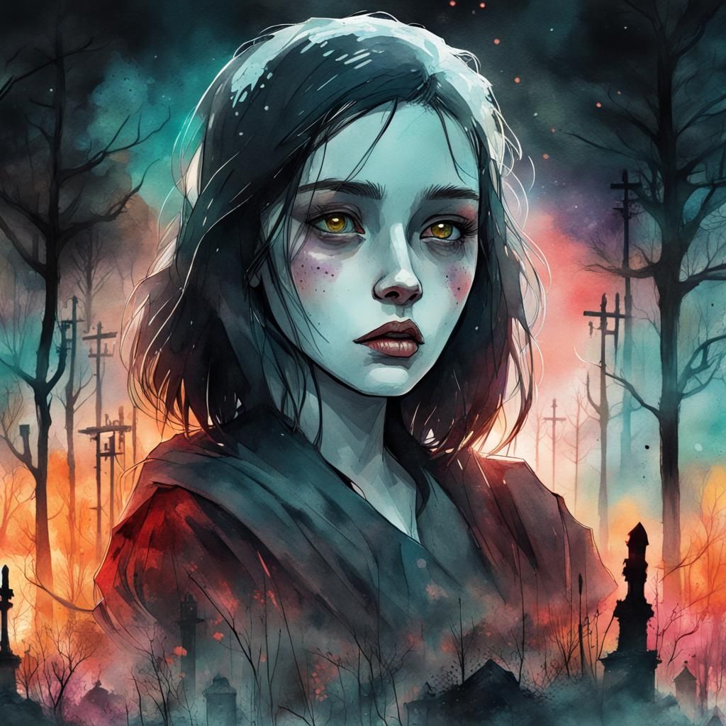 Compassionate Portrait in Haunted Graveyard, Watercolor Styl...