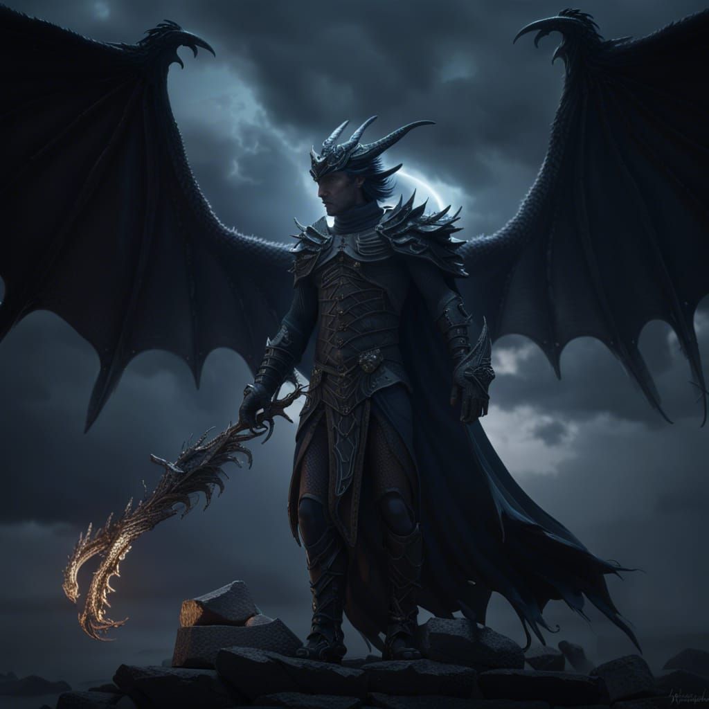 Dark Fantasy Necromancer with Dragon Wings