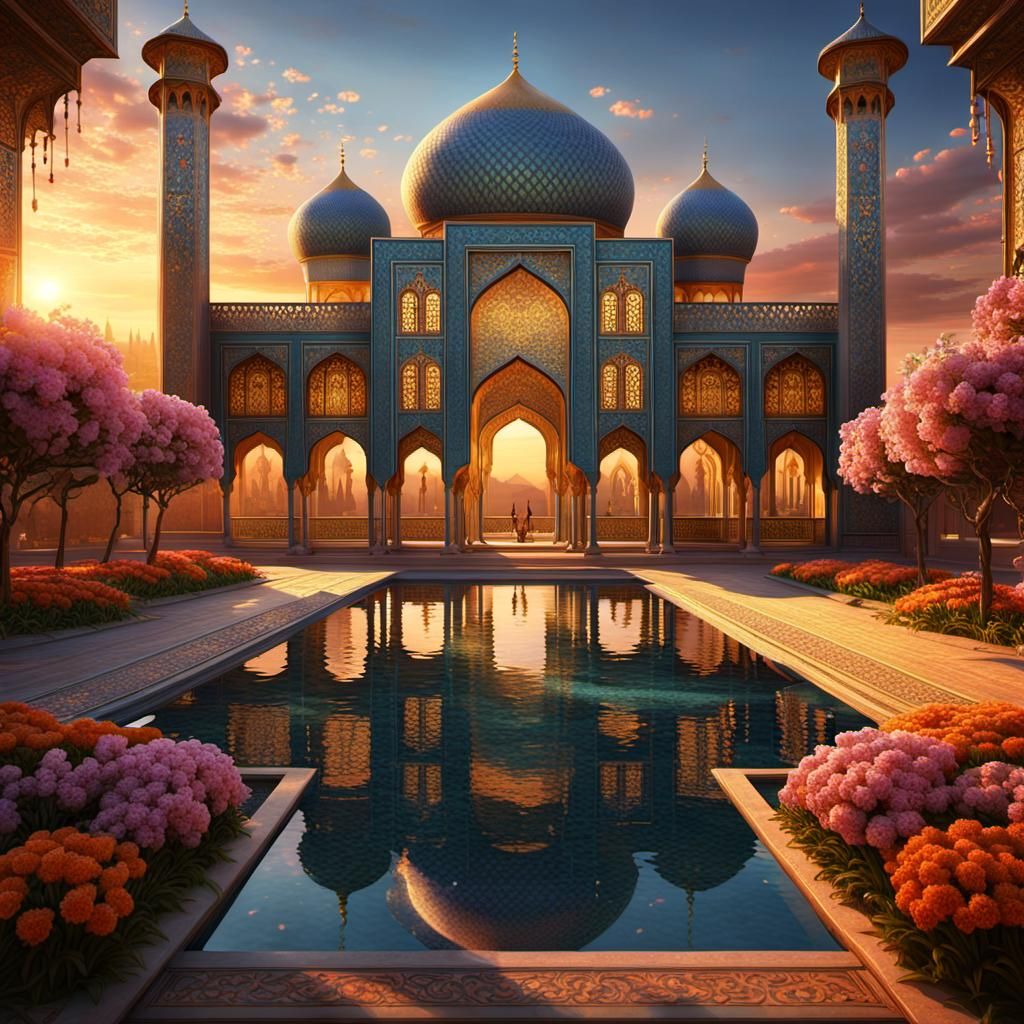 Opulent Persian Palace at Sunset in Photorealistic Style
