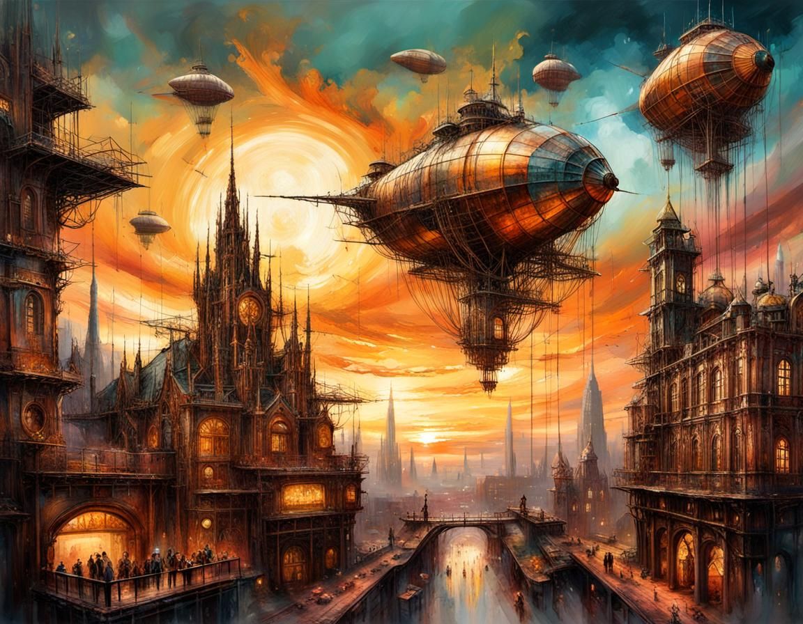 Steampunk Metropolis Sunset with Clockwork Spires