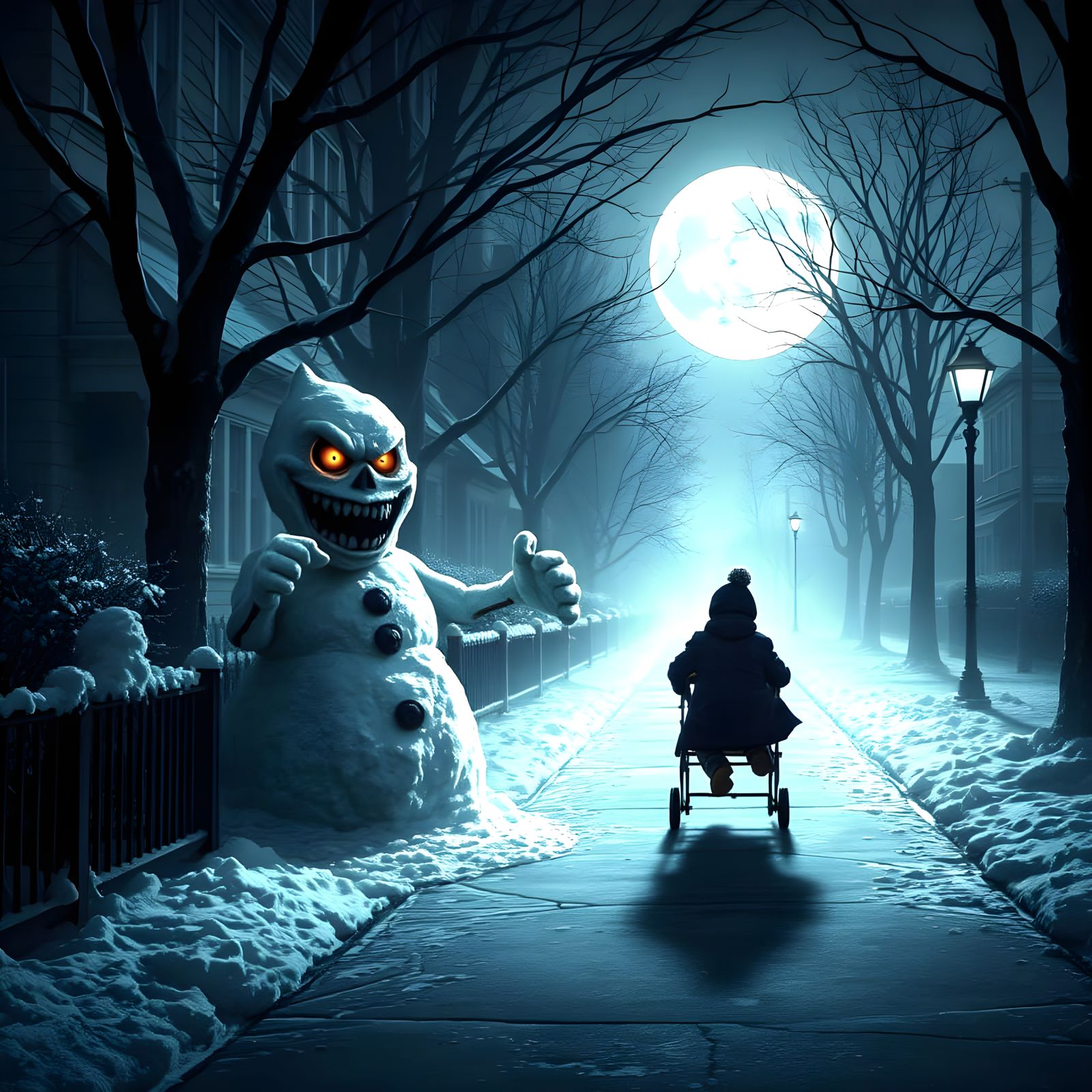 Snowman Fights Under Moonlight