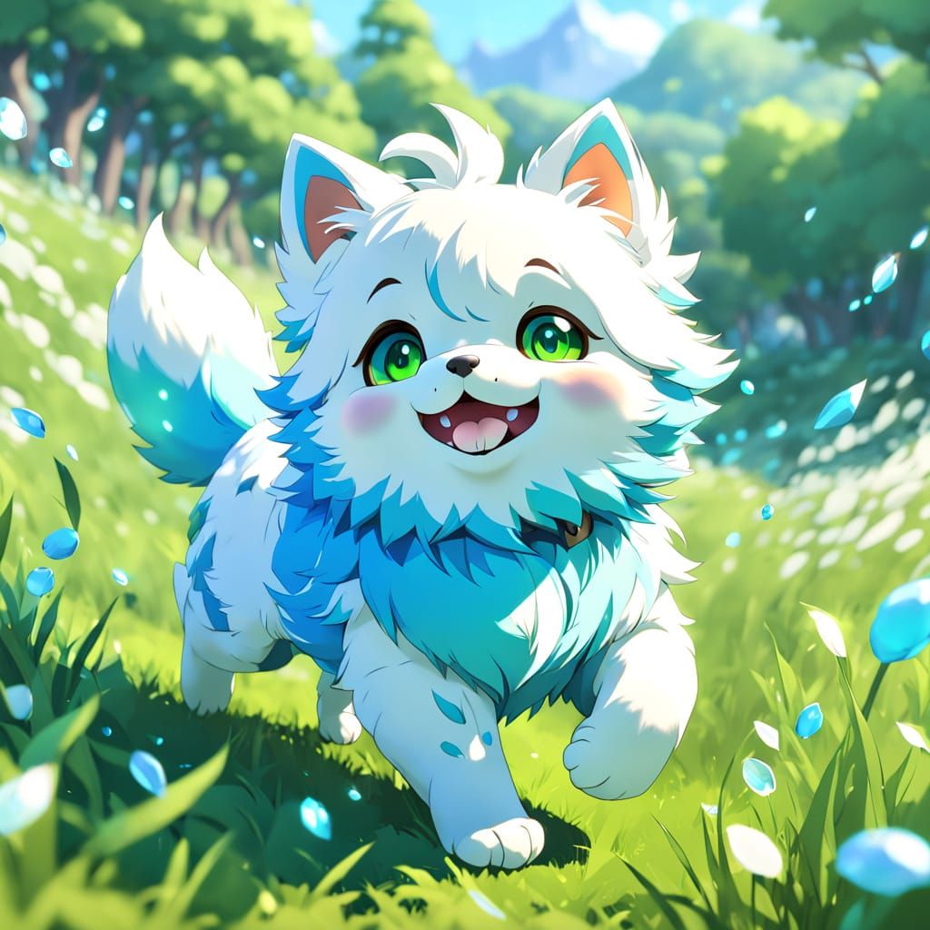 Joyful White Puppy Runs in Vibrant Green Meadow