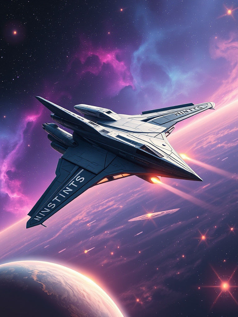 spaceship reminiscent of an eagle, wings tucked into a dive configuration, stars, nebula and planets in background (incl...