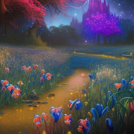 Enchanted Flower Meadow under Starry Night Sky