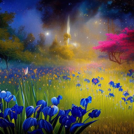 Enchanted Flower Meadow Under Starry Night, Hyperdetailed Ar...