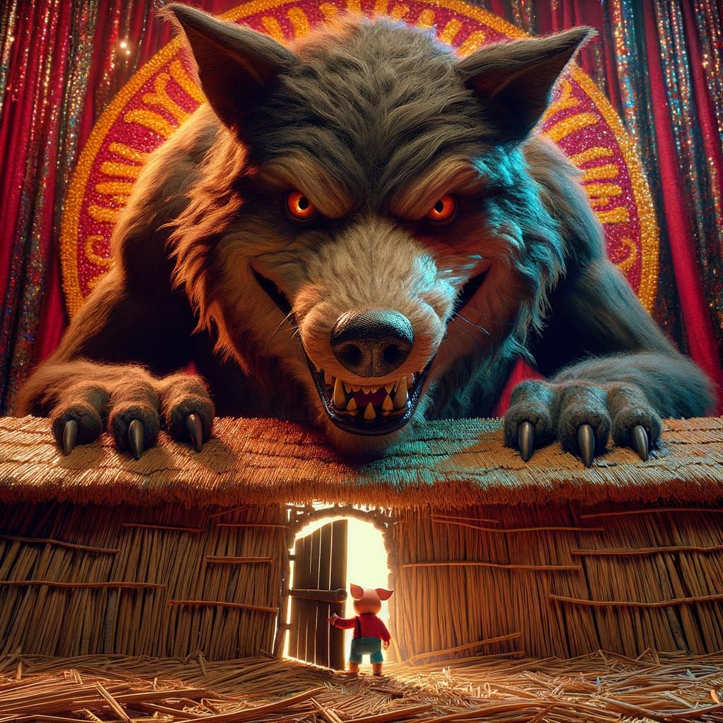 Menacing Wolf Threatens Straw House in Hyperrealistic Art