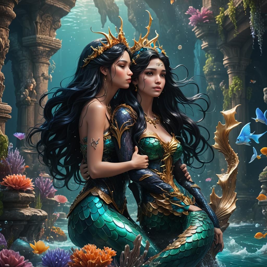 Mermaid Kissing Neptune: Detailed Fantasy Art