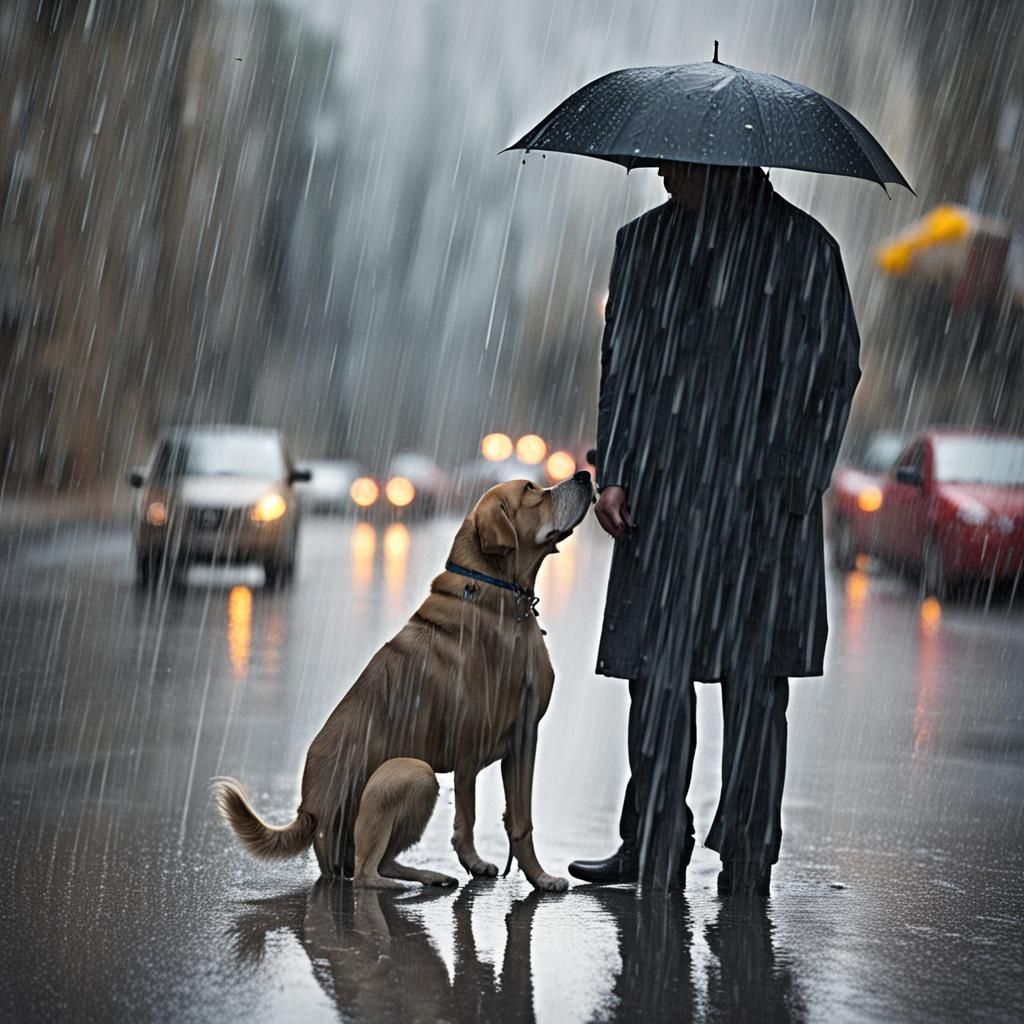 Raindrop Reflection: Man and Dog Double Exposure