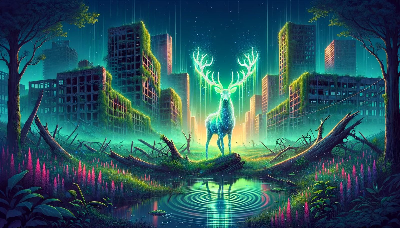 Bioluminescent Stag in Overgrown Post-Apocalyptic City