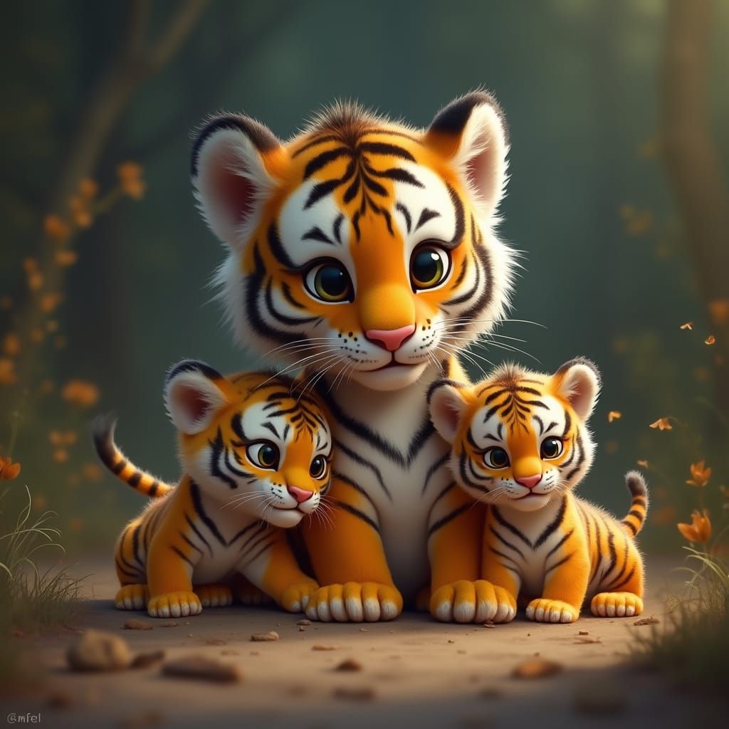White Tiger Cubs Playing, Digital Matte Painting