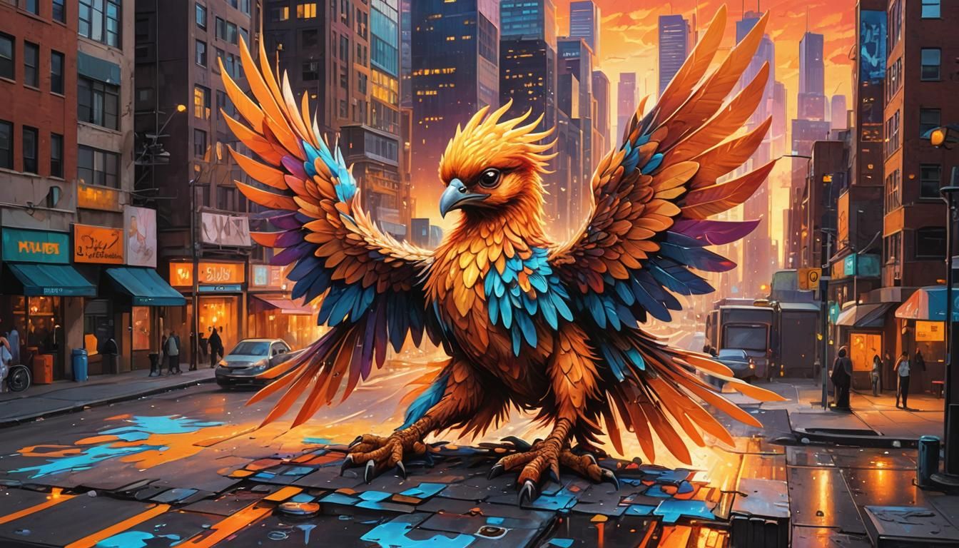 Cute Orange Phoenix in Vibrant Graffiti Street Art