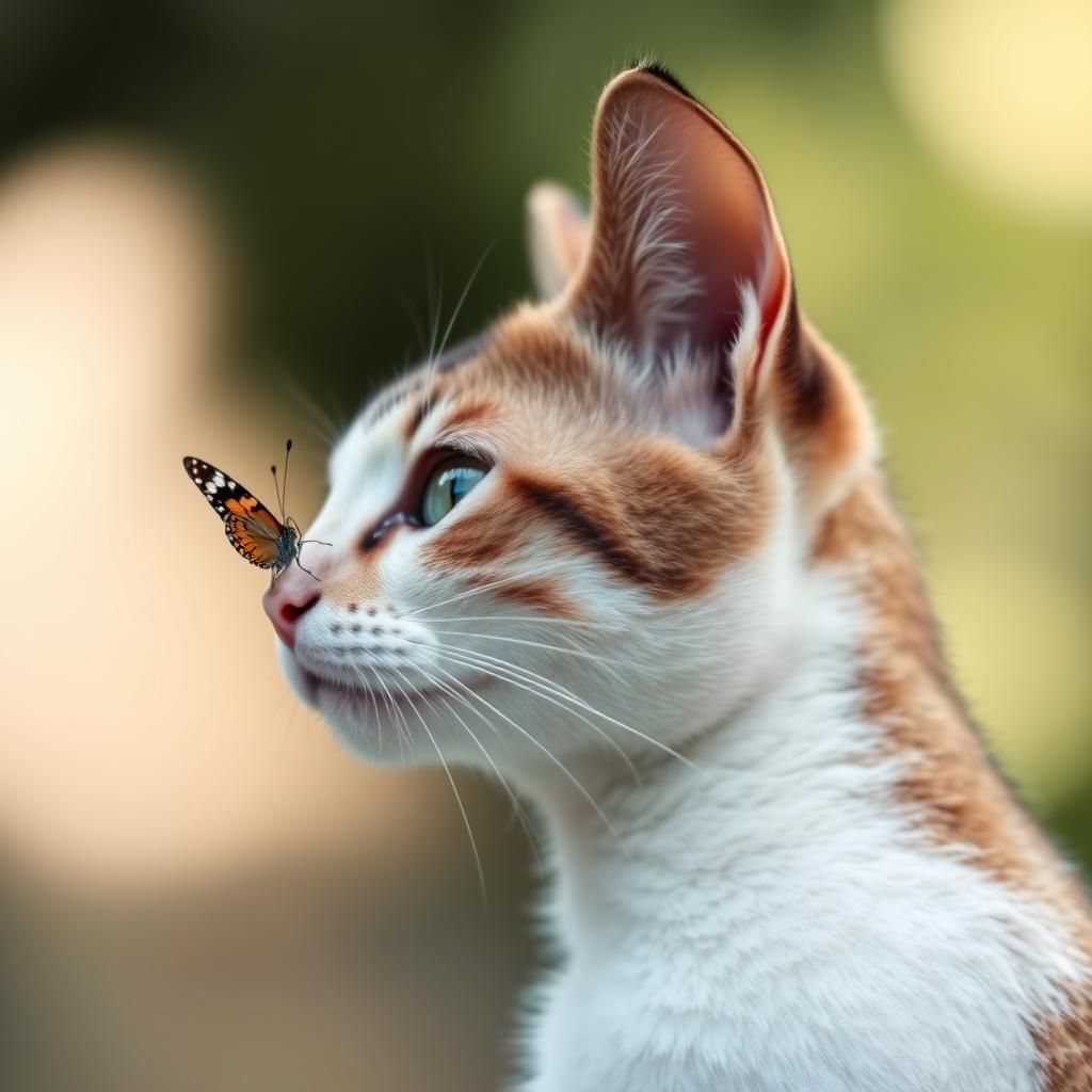 Cat with Butterfly: Realistic Portrait in Sharp Focus