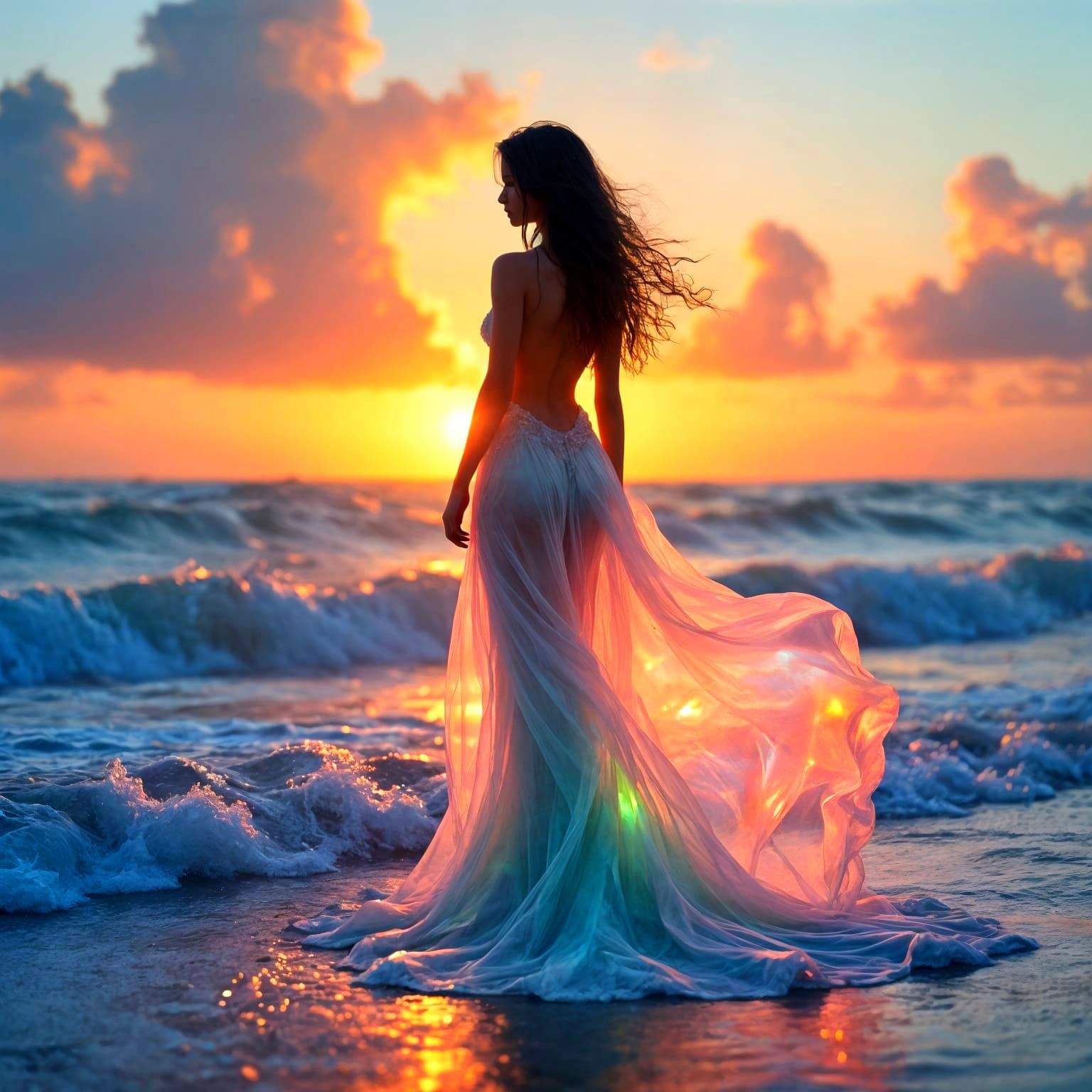 Iridescent Smoke Figure on Ocean Shore at Sunset