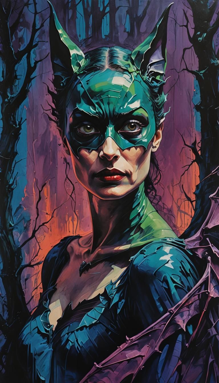 Surreal portrait. Close-up. Bat woman with wings outstretche...