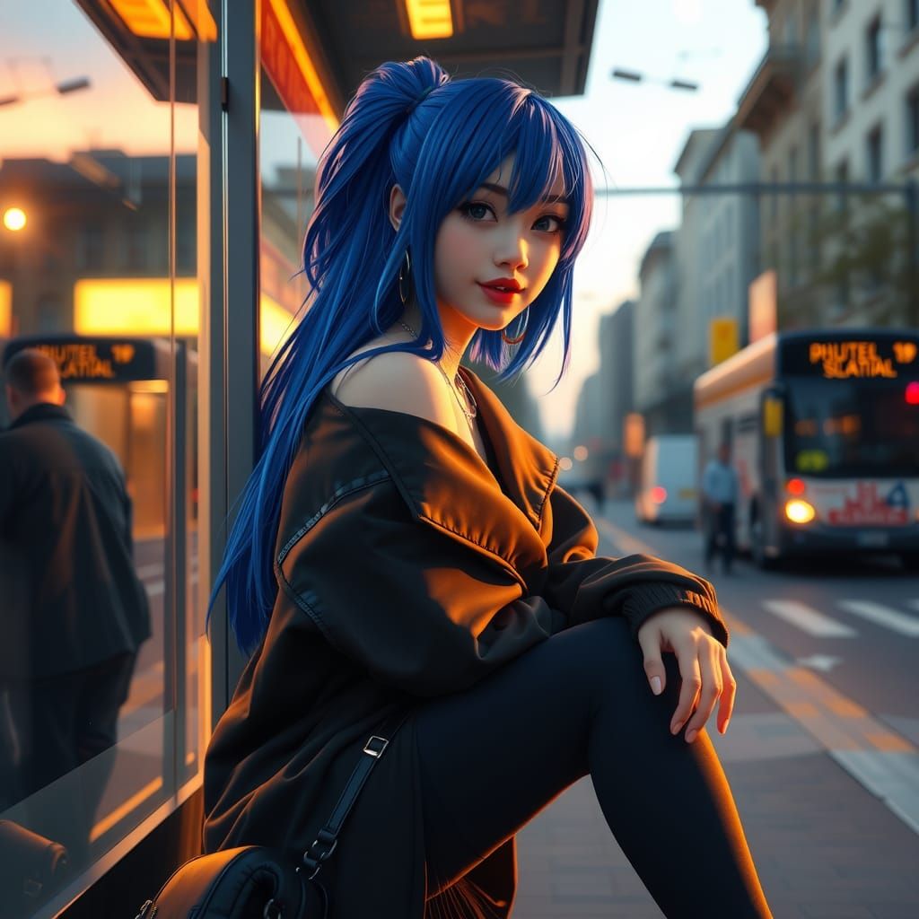 Blue-Haired Girl at Bus Stop: 3D Anime Art