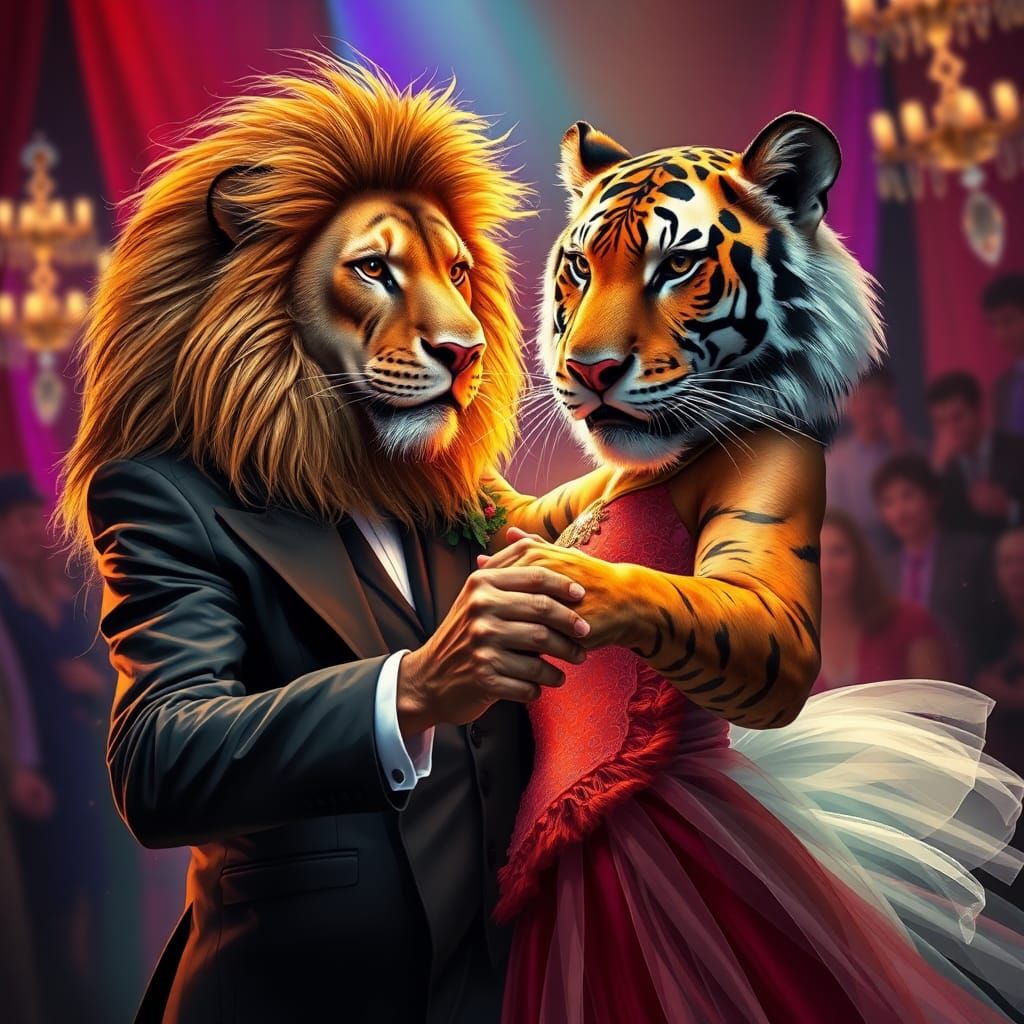 Lion and Tiger Dancing at a Ball, Hyperrealistic Art