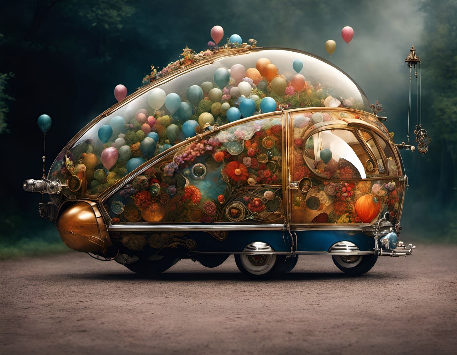 eccentric car blend: glass, balloons, and plants