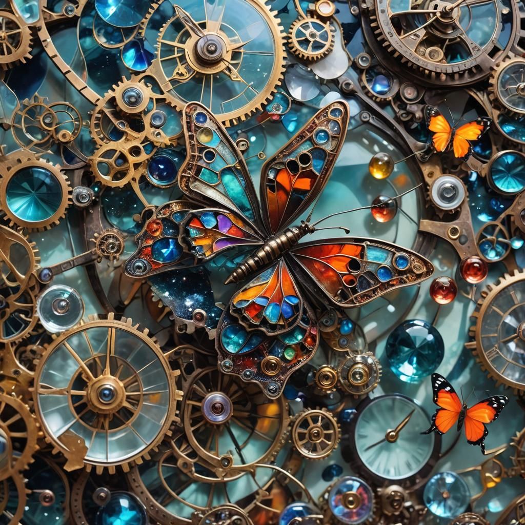 Steampunk Butterfly near Crystalline Shards as Surreal Art