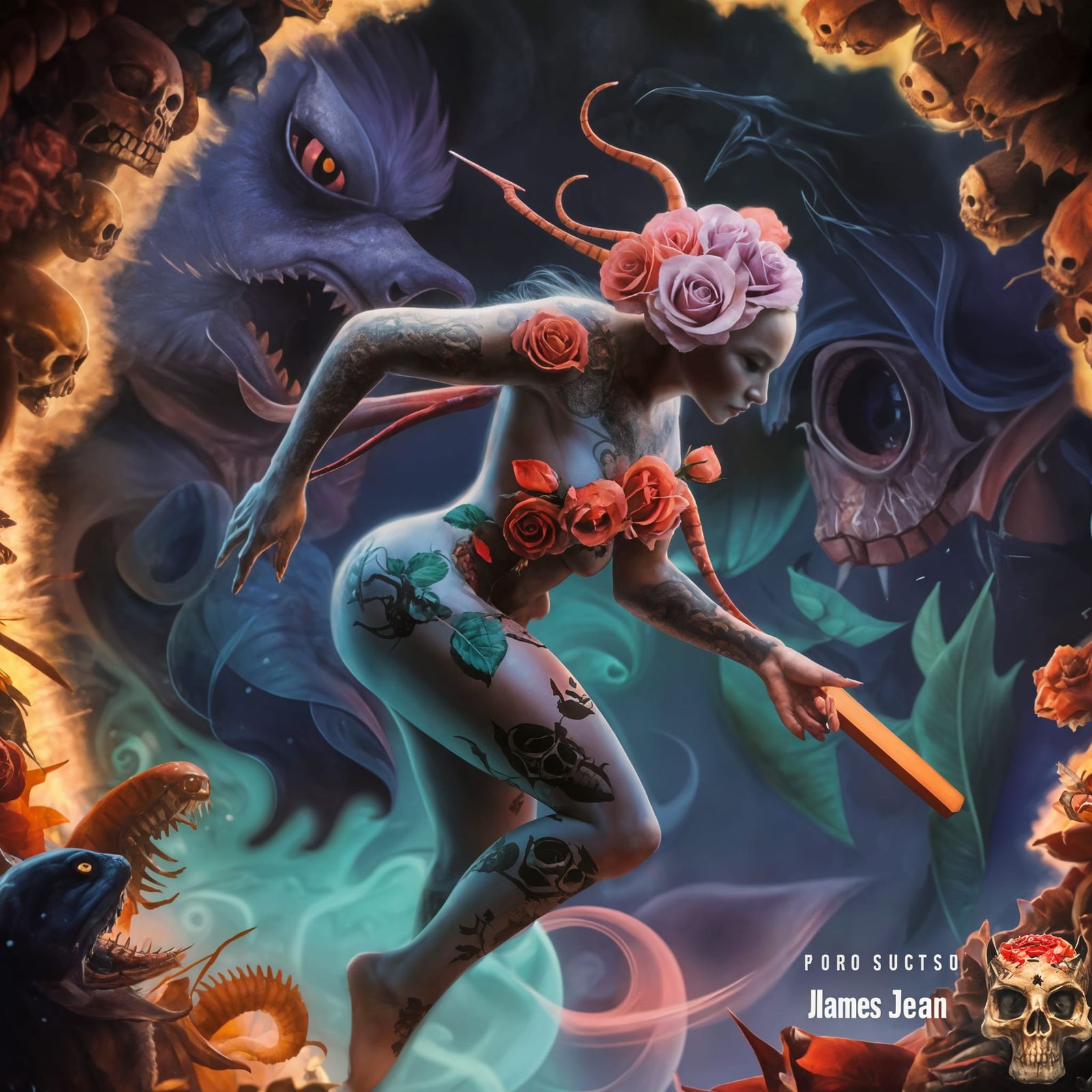 Pop Surrealism Tattoo Art with Roses and Skulls