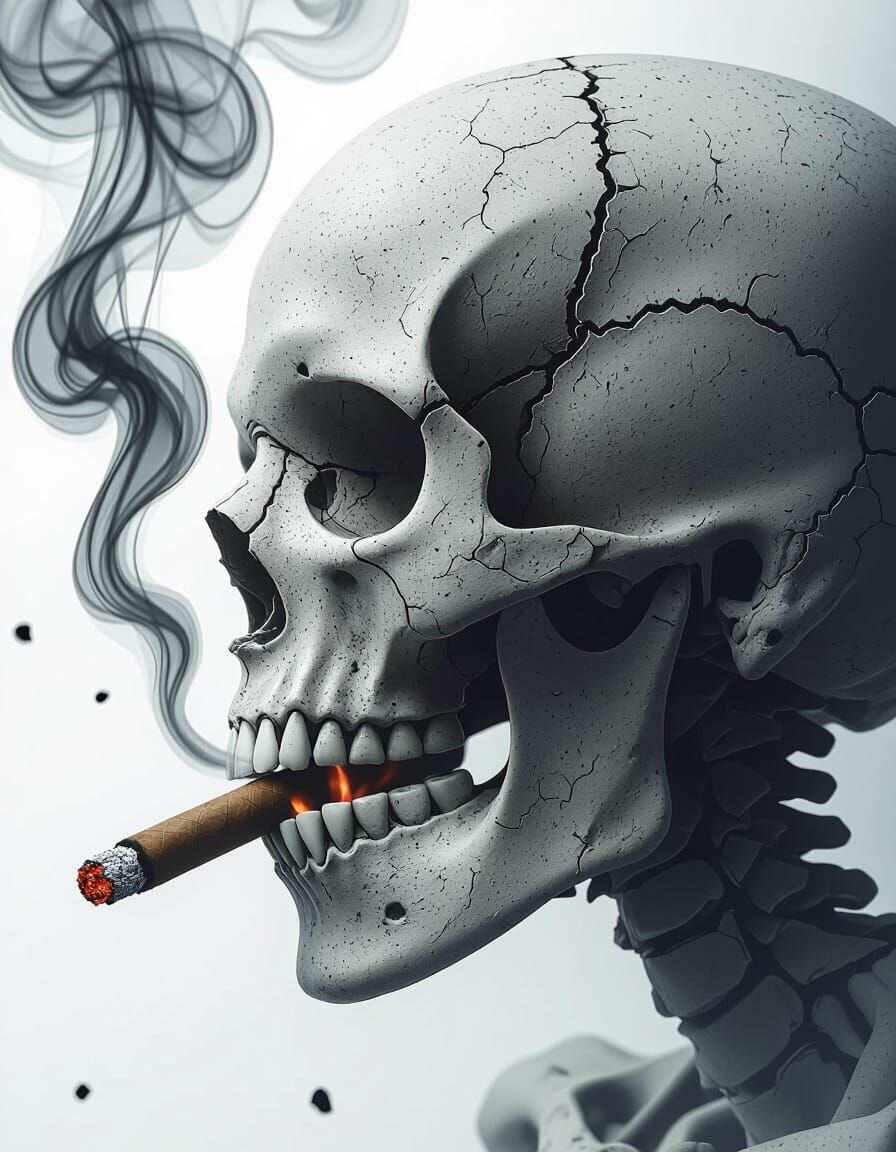 Cracked Skull with Cigar: Eerie Horror Close-Up