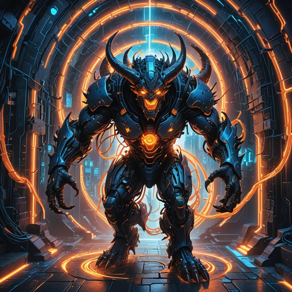 Cyber Demon Steps Through Portal: Fantasy Concept Art