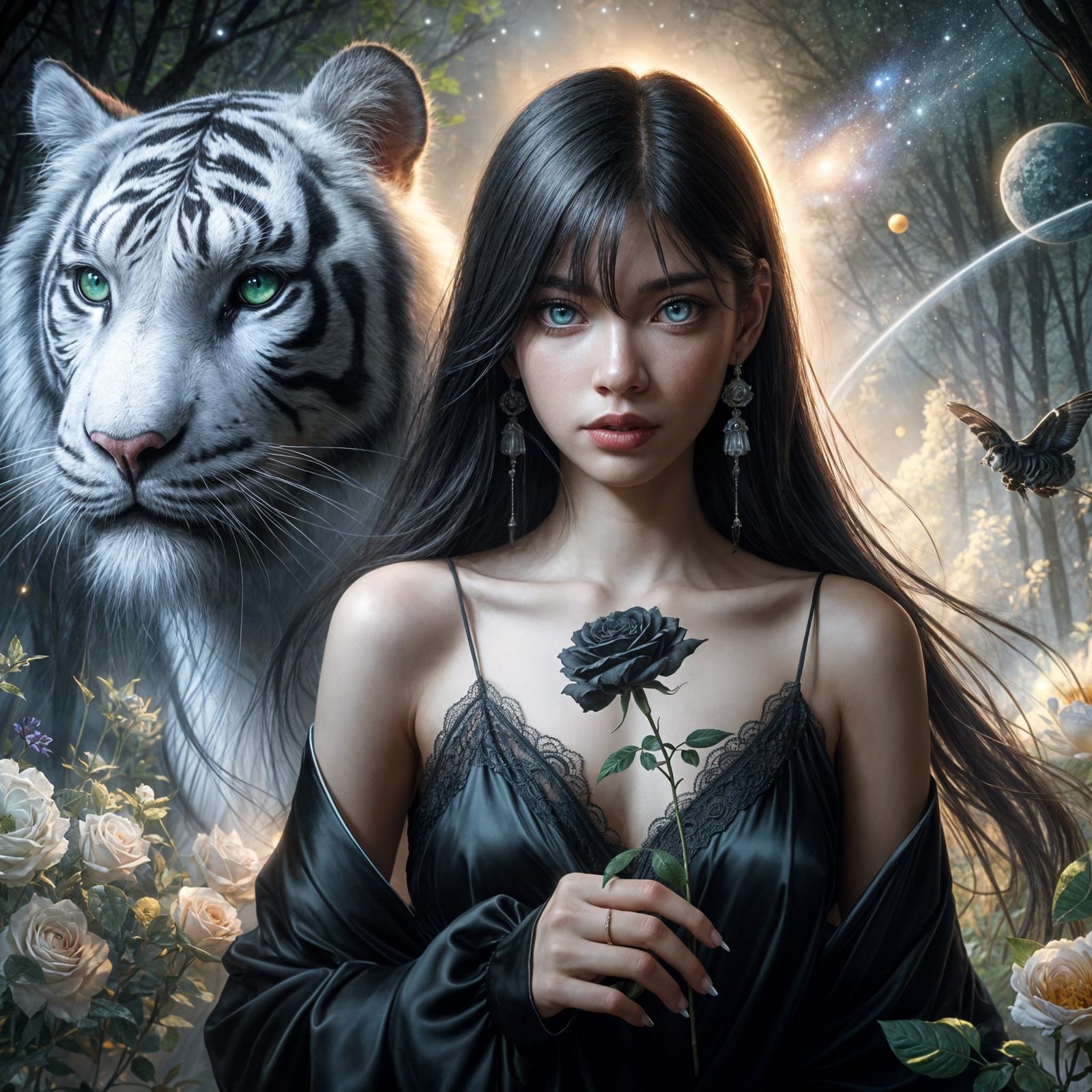 Green-Eyed Girl with Tiger in Mystical Forest