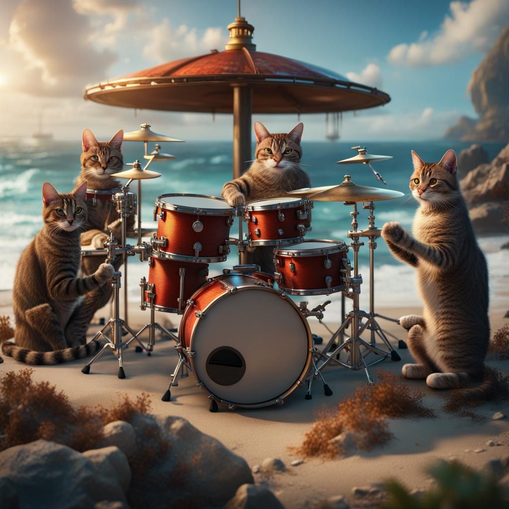 Cat Band Plays Drums at Turtle Lighthouse